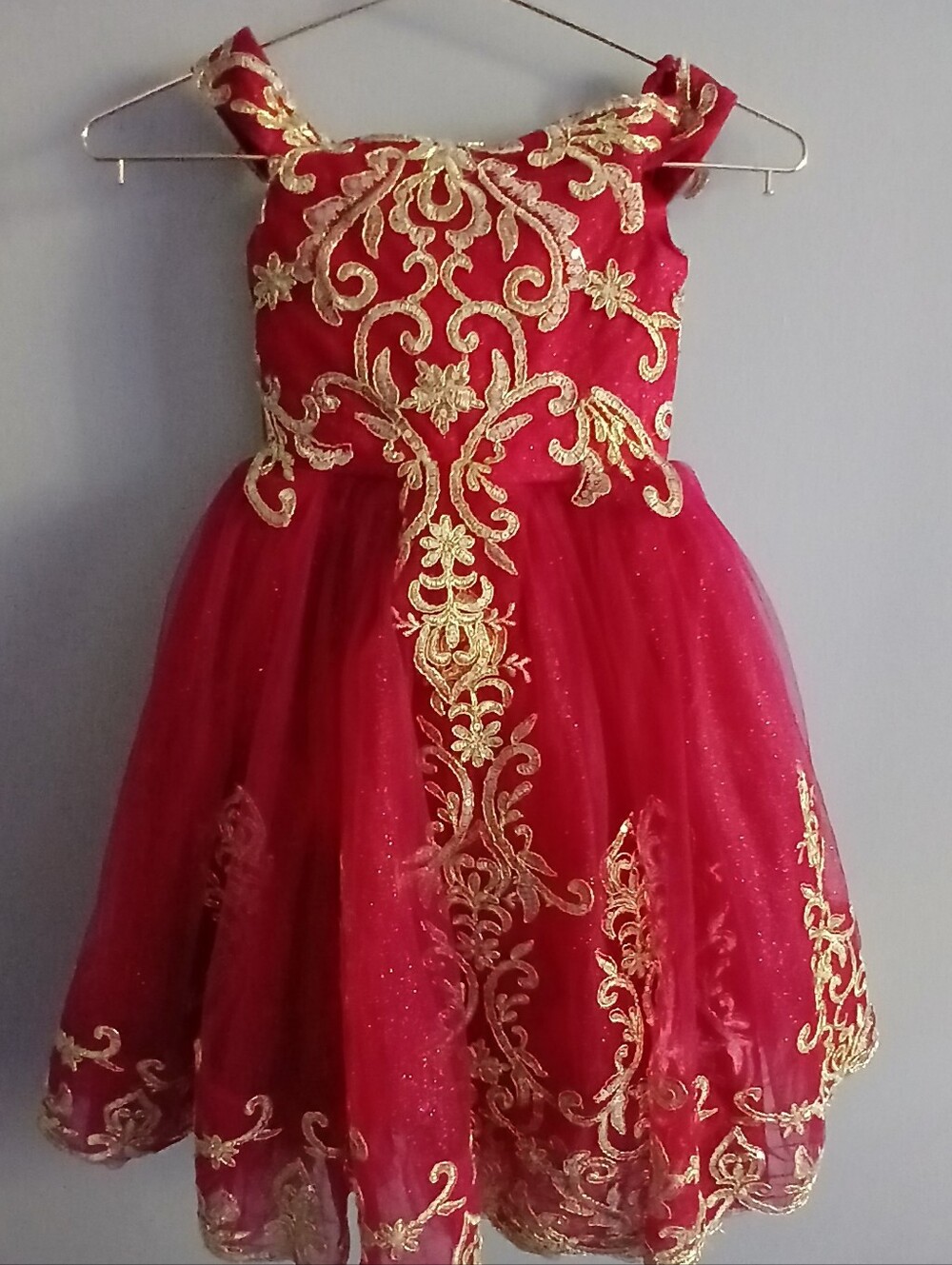 Girls Red & Gold Embroidered Tulle Party Dress